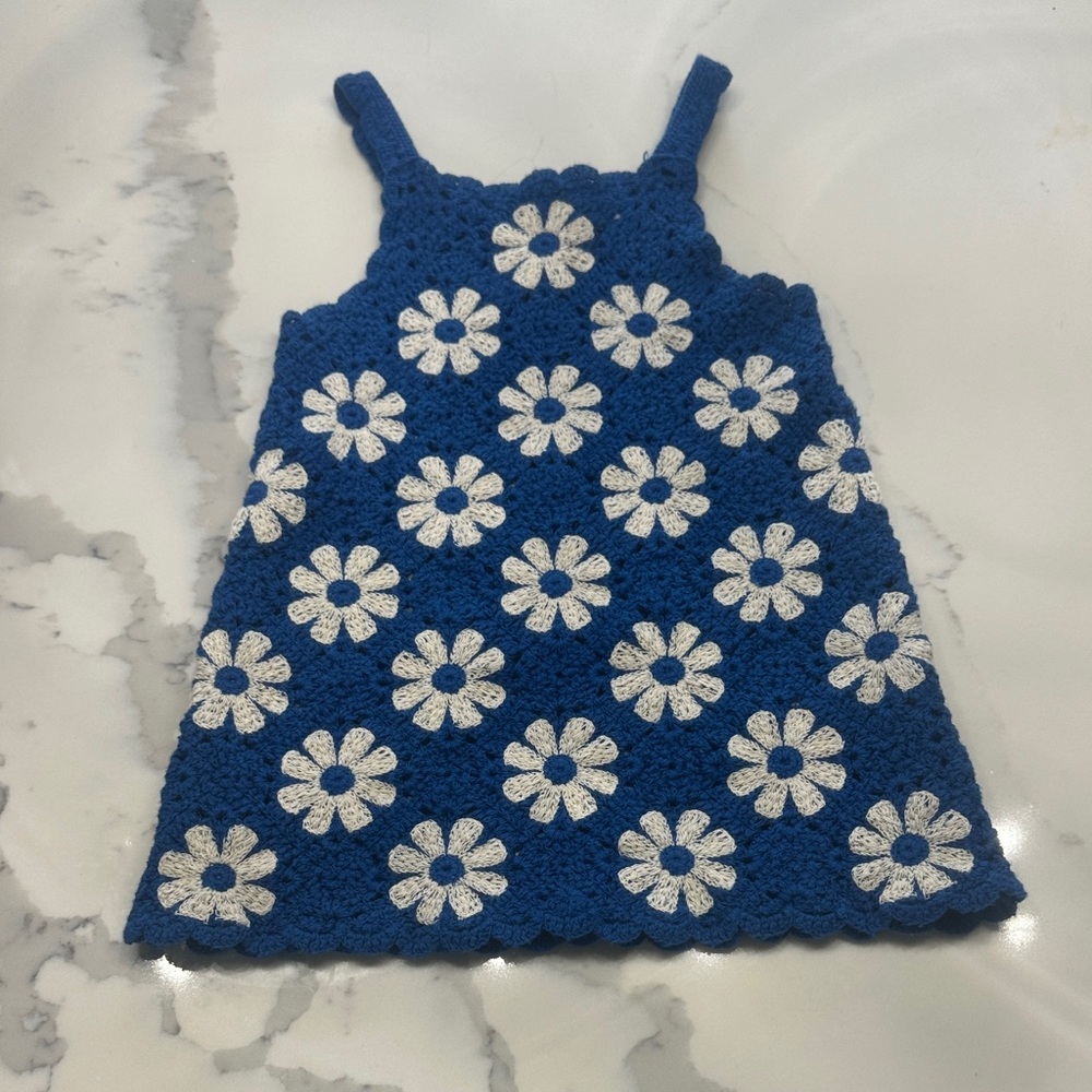 Zara Blue and White Daisy Crochet Kids Dress - Size 3